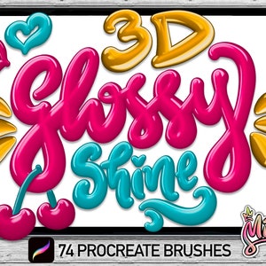 74 realistische glänzende Procreate-Pinsel • Kalligraphie-Pinsel-Set mit 3D-Effekt • Schriftpinsel • Glanzpinsel-Set • Digitaler Pinsel • Sofortiger Download