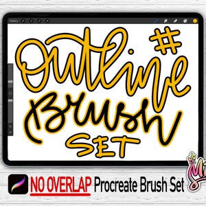 May include: A digital illustration on a tablet screen showing a yellow outline brush set for Procreate. The text reads "Outline Brush Set" with a hashtag symbol. The text is in a bold, handwritten style.