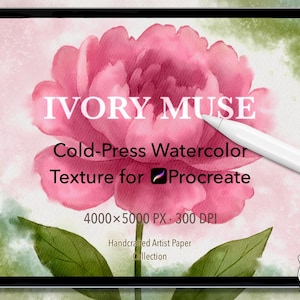 May include: A digital art design displayed on a tablet, featuring a watercolor peony with the text "IVORY MUSE" and "Cold-Press Watercolor Texture for Procreate." The image includes green leaves and a white stylus.