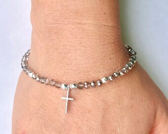 Gray Glass and Silver Beaded Cross Bracelet