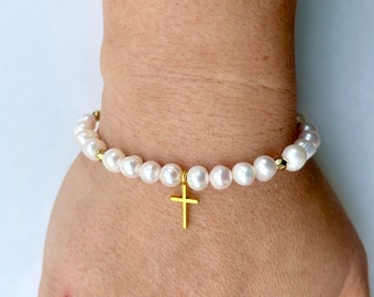 Freshwater Pearl Beaded Cross Bracelet