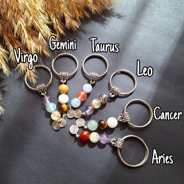 Horoscope Crystals Keyring, Healing Horoscope Keychain, Gemini, Aries, Taurus, Leo, Cancer, Virgo Crystals, Horoscope Crystal Keyring Gift