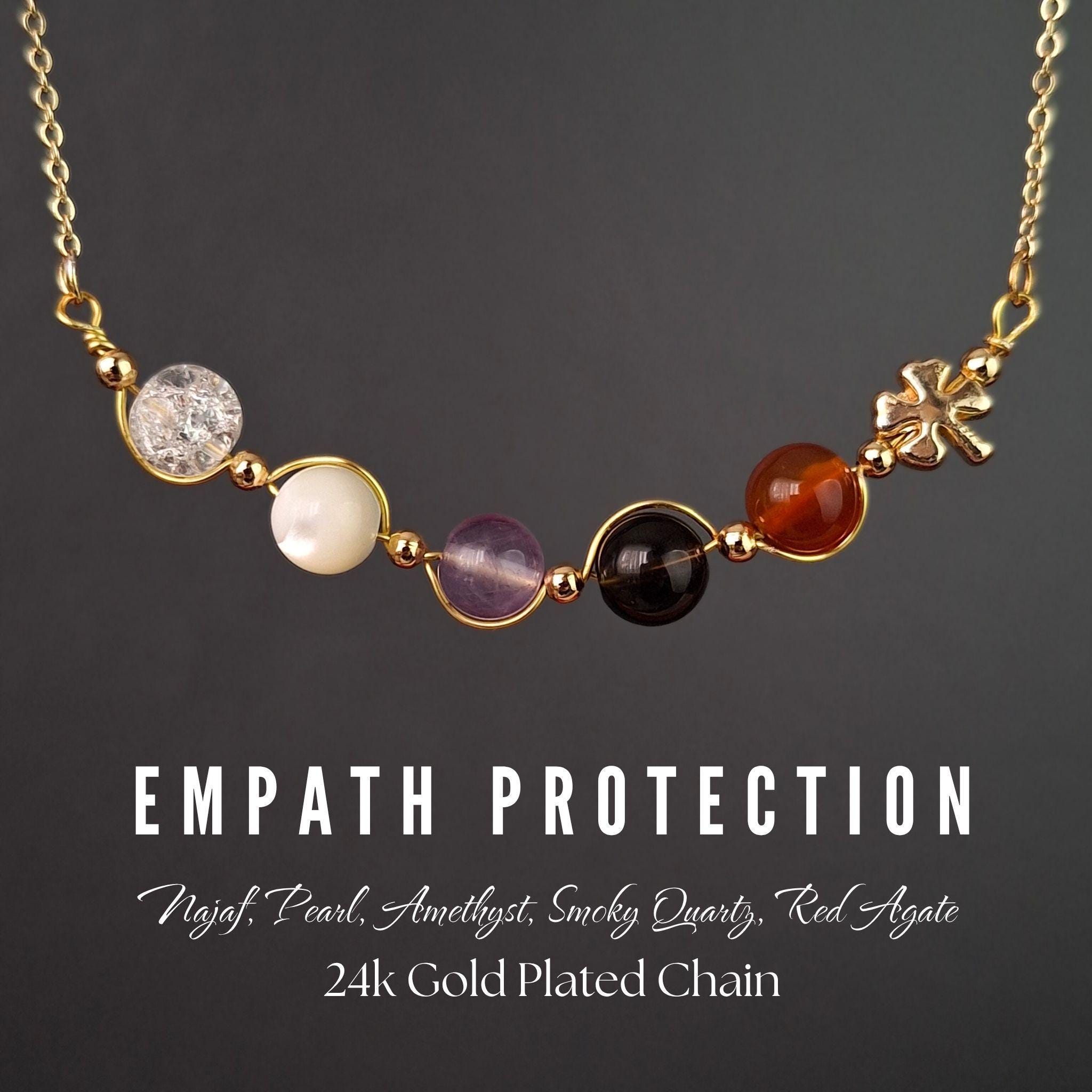 Empath Protection Necklace, 24k Gold Plated Chain, Natural Gemstones Jewelry Gift, Amethyst, Najaf, Smoky Quartz, Gift For Her Crystals