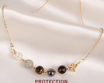Minimalist Protection Necklace • Labradorite, Tigers Eye, Hematite, Smoky Quartz, Natural Grounding Crystal Pendant, Meditation Gift for her