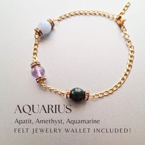 Wassermann Kristall Armband, Geburtstagsgeschenk für neue Anfänge, Amethyst, Aquamarin, Apatit, handgemachte Sternzeichen Edelsteine, natürliches Astrologie-Zeichen