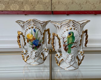 Vintage Hand painted Flora and Fauana Pair of Vases Made in Brazil Flowers Parrot