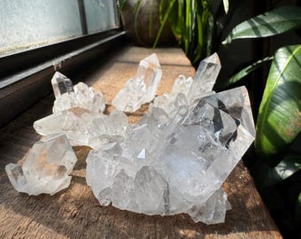 Arkansas Quartz Cluster Bundle – 7 Icy Clear Raw Clusters – 8.8 oz Hand Dug High Grade Quartz with COA