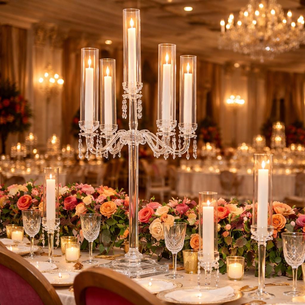 40” Tall 5-arm Crystal Glass Candle Holder | Wedding Centerpiece