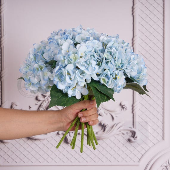 LUSHIDI 10 fiori artificiali di ortensia, fiori di seta di ortensia finti con steli per matrimoni, casa, feste, negozio, baby shower, decorazione - grigio bluastro