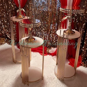 3 PCs Gold Round Metal Cylinder,Gold pillars, Gold pedestals,Wedding Backdrop Stand