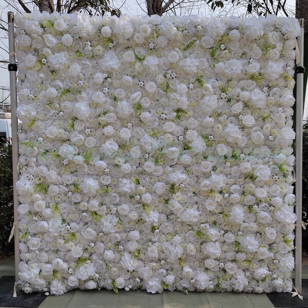 6.56Ft*6.56Ft｜3D Fabric Artificial Flower Wall Rolling Up Curtain Flower Wall【White With Green Leaves】