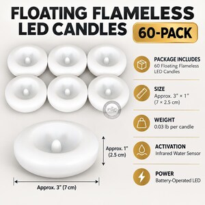 Pacote com 60 velas flutuantes sem chama de 7,6 cm (3 polegadas), com LED ativado por água para decoração de piscinas e vasos. imagem 2