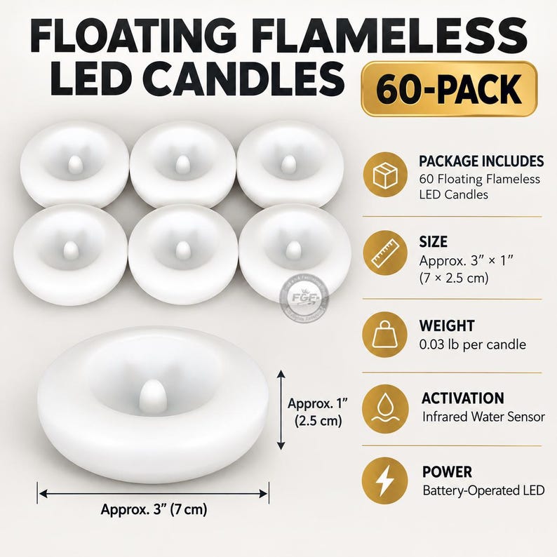 Pacote com 60 velas flutuantes sem chama de 7,6 cm (3 polegadas), com LED ativado por água para decoração de piscinas e vasos. imagem 2