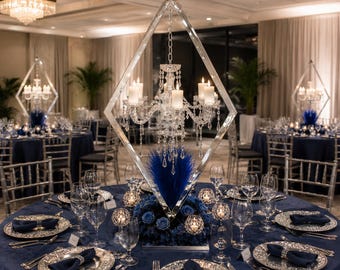 Paquete de 2 portavelas altos de metal con forma de diamante, ideales como centros de mesa para bodas.