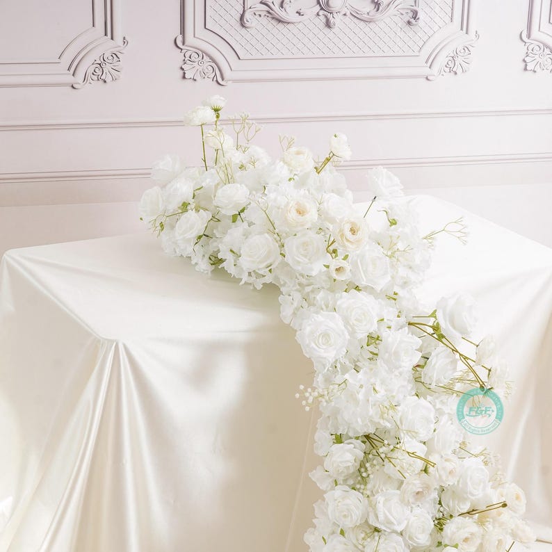 White Silk Flower Garland | Romantic Wedding Table Runner, Backdrop ...