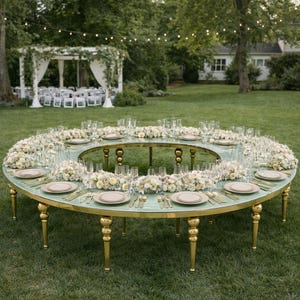 11 FT Gold Arc Party Table with Glass Top | S-Shape Wedding & Event Display Table