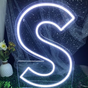 May include: A glowing neon sign in the shape of the letter "S". The sign is illuminated with a bright white light, creating a striking contrast against the dark background. The letter is mounted on a clear base. Decorative flowers and greenery are in the background.