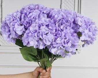 Lavender Artificial Hydrangea Flowers – Real Touch Silk Stems Wedding Decor, Bridal Bouquet, Home Arrangement