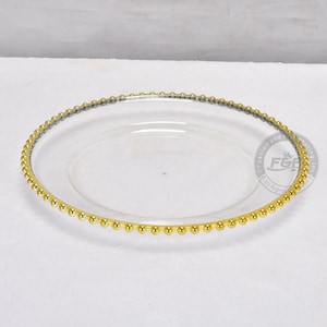 50 Pack｜13″ Clear Plastic Round Charger Plates With Gold Beaded Rim