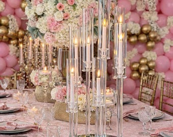 Crystal Glass 8-Arm Candelabra – 36 Inch Tall Wedding Centerpiece, Elegant Table Decor