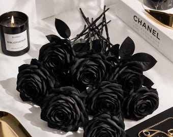 Black Artificial Silk Rose Flowers 19” Long Stem – Realistic Rose Bouquet
