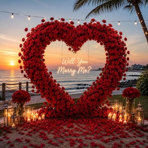 May include: A large heart-shaped arch constructed from vibrant red roses, featuring a glowing neon sign in the center that reads Will You Marry Me? The ground is covered in scattered red rose petals, flanked by glass lanterns with lit candles.