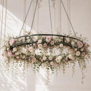 May include: A circular black metal chandelier frame adorned with an arrangement of soft pink and cream-colored roses, delicate white blossoms, and cascading green eucalyptus foliage, suspended by thin black chains from a ceiling fixture.