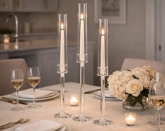 Juego de 3 candelabros de acrílico transparente, portavelas con aspecto de cristal, centros de mesa para bodas, decoración de mesa
