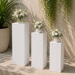 3 PCS White Fluted Square Pedestal Stand Set 35″ 30″ 24″ | Wedding & Event Display Plinths
