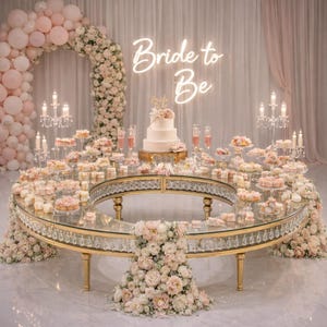 May include: A circular dessert table with a gold frame and glass top, adorned with an array of pastries, a tiered cake, and floral arrangements. The words "Bride to Be" are illuminated in neon. Pink balloons and flowers decorate the background.