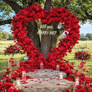 Könnte beinhalten: Ein großes herzförmiges Blumenarrangement aus leuchtend roten Rosen, das ein Neonschild mit der Aufschrift Will you MARRY ME? umrahmt. Das Arrangement umfasst transparente Acrylsockel mit Rosensträußen und mehrere Glas-Stumpenkerzen.