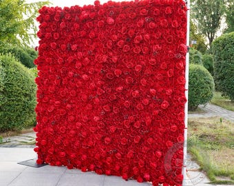 Red Artificial Rose Flower Wall Backdrop, Fabric Curtain, 8x8ft