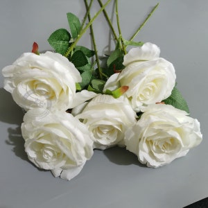 WHITE | Artificial Silk Rose Flowers,Realistic Roses Bouquet Long Stem -19“ L