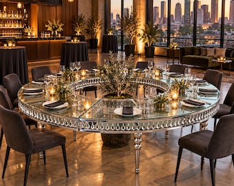 May include: A large circular dining table with a glass top and a mirrored frame featuring hanging crystal accents. The table is surrounded by dark gray upholstered chairs and features a central planter with a small tree and place settings.