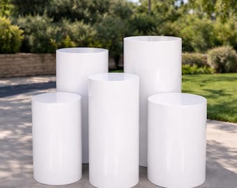 5 White Metal Cylinder Stands, Event Dessert Table Pedestals, Various Sizes
