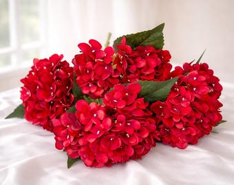 Red Silk Hydrangea Flowers, 13.8" Stem, Wedding Bridal Arrangement, Home Decoration