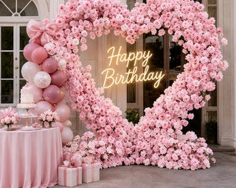 May include: A large heart-shaped floral arch made of light pink roses with a glowing yellow neon sign that reads Happy Birthday. A round table with a pink tablecloth, a tiered cake, and pink balloons are positioned to the left of the arch.