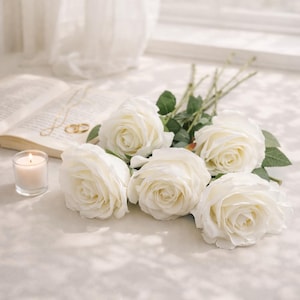 White Silk Rose Bouquet, Realistic Long Stem Wedding Decor, Bridal Home Decoration