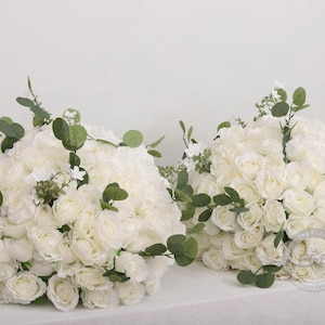 Big Sale 40% Off!23.6″x 17.7″ White Artificial Silk Rose Ball With Greeny Leaves Floral Centerpieces Wedding Centerpieces Kissing Ball-2 PCs