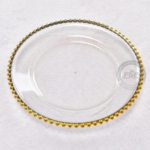 50 Pack｜13″ Clear Plastic Round Charger Plates With Gold Beaded Rim