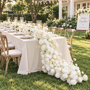May include: A long rectangular dining table covered with a cream-colored tablecloth, featuring a dense centerpiece of white roses and greenery that cascades down to the grass. The table is set with white plates, glassware, and tall glass candle holders.