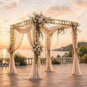 May include: A golden metal wedding arch decorated with white and pink flowers, sheer draping fabric, and string lights. The arch is set on a stone patio overlooking the ocean at sunset, creating a romantic atmosphere.