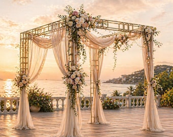 10x10FT Heavy Duty Gold Wedding Backdrop Stand – 4 Pole Square Flower Frame