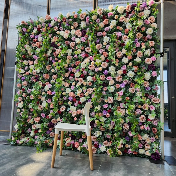 MIX｜8*8Ft 5D Fabric Artificial Flower Wall Rolling Up Curtain Flower Wall,Floral Backdrop,Wedding Backdrop,Rose Backdrop