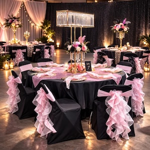 May include: A round table with a black tablecloth, pink runner, and chairs featuring pink ruffled sashes. A tall gold rectangular centerpiece with hanging crystals and a floral arrangement sits in the center, with a small black table number sign.