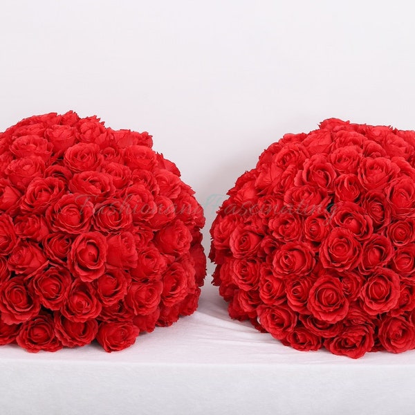 Set of 2 | 23.6″x 17.7″ Artificial Silk Flower Rose Ball Flower Centerpieces Wedding Table Decoration Half Kissing Ball【Red】