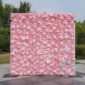 US SELLER!40% OFF!6.56Ft*6.56Ft｜3D Fabric Artificial Pink Flower Wall Rolling Up Curtain Flower Wall,Rose Backdrop with Storage Bag