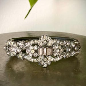 Antique Bracelet 1920s Paste White Stones ~ Hinged Closure ~ Art Deco Era ~ Oxidized Rhodium