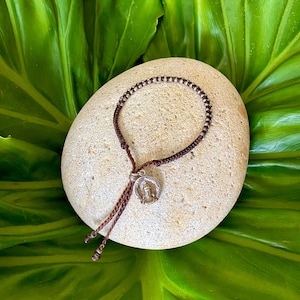 Sterling Silver Buddha Charm ~ Thai Hill Tribe Hand-Knotted Cord Bracelet ~ Dark Brown Waxed Cord ~ Handmade ~ Double Sided Buddha Head