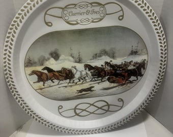 Bandeja de servir metálica vintage Currier and Ives con caballos y trineos